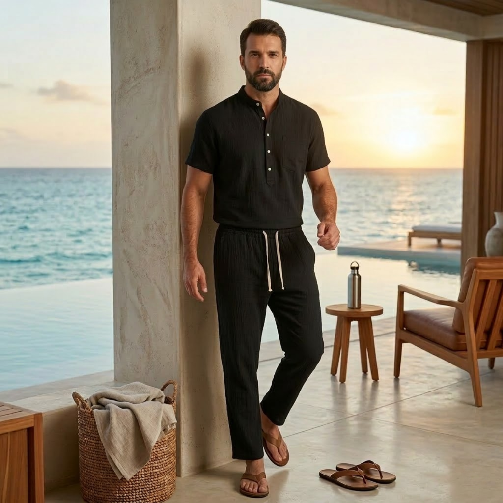 The Meadowhill Ridge Men’s Lightweight Cotton Linen Set Polo – Shirt & Pants