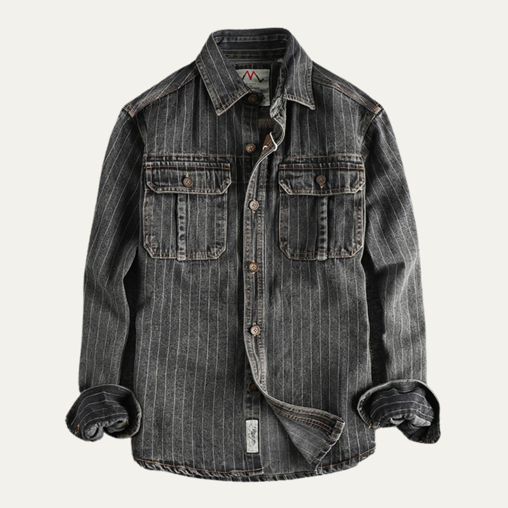 The Oakcrest Men’s Vintage Washed Vertical Stripe Denim Shirt Jacket – Dark Blue