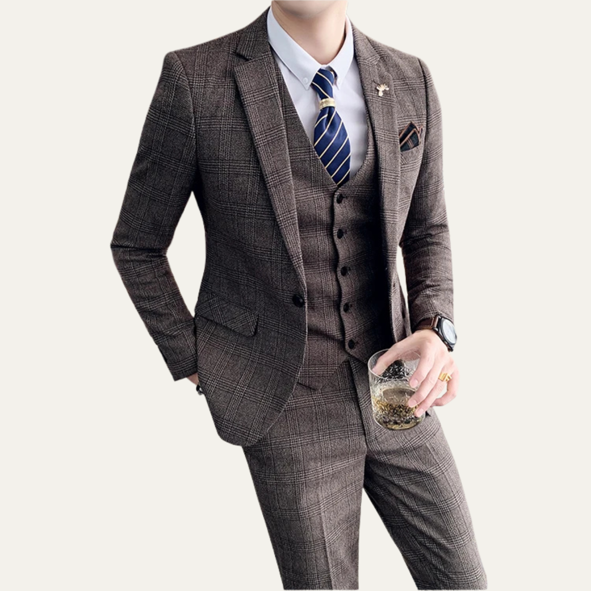The Vigevano Men’s Plaid 3 Piece Suit – Blazer Vest and Pants Formal Set