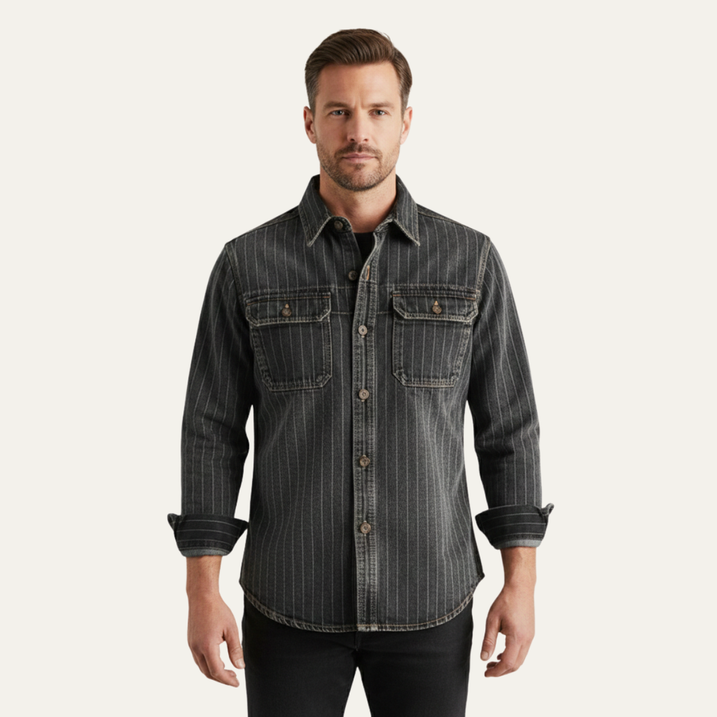The Oakcrest Men’s Vintage Washed Vertical Stripe Denim Shirt Jacket – Dark Blue