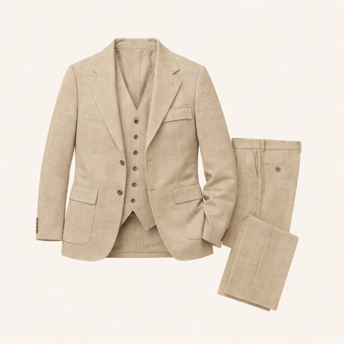 The Como Men’s Smart 3 Piece Tweed Suit – Herringbone Blazer, Waistcoat & Pants