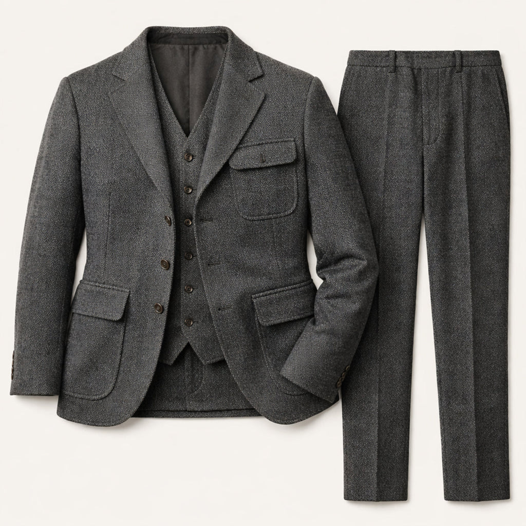 The Portofino Men’s Elegant 3 Piece Tweed Suit – Herringbone Blazer, Waistcoat & Pants
