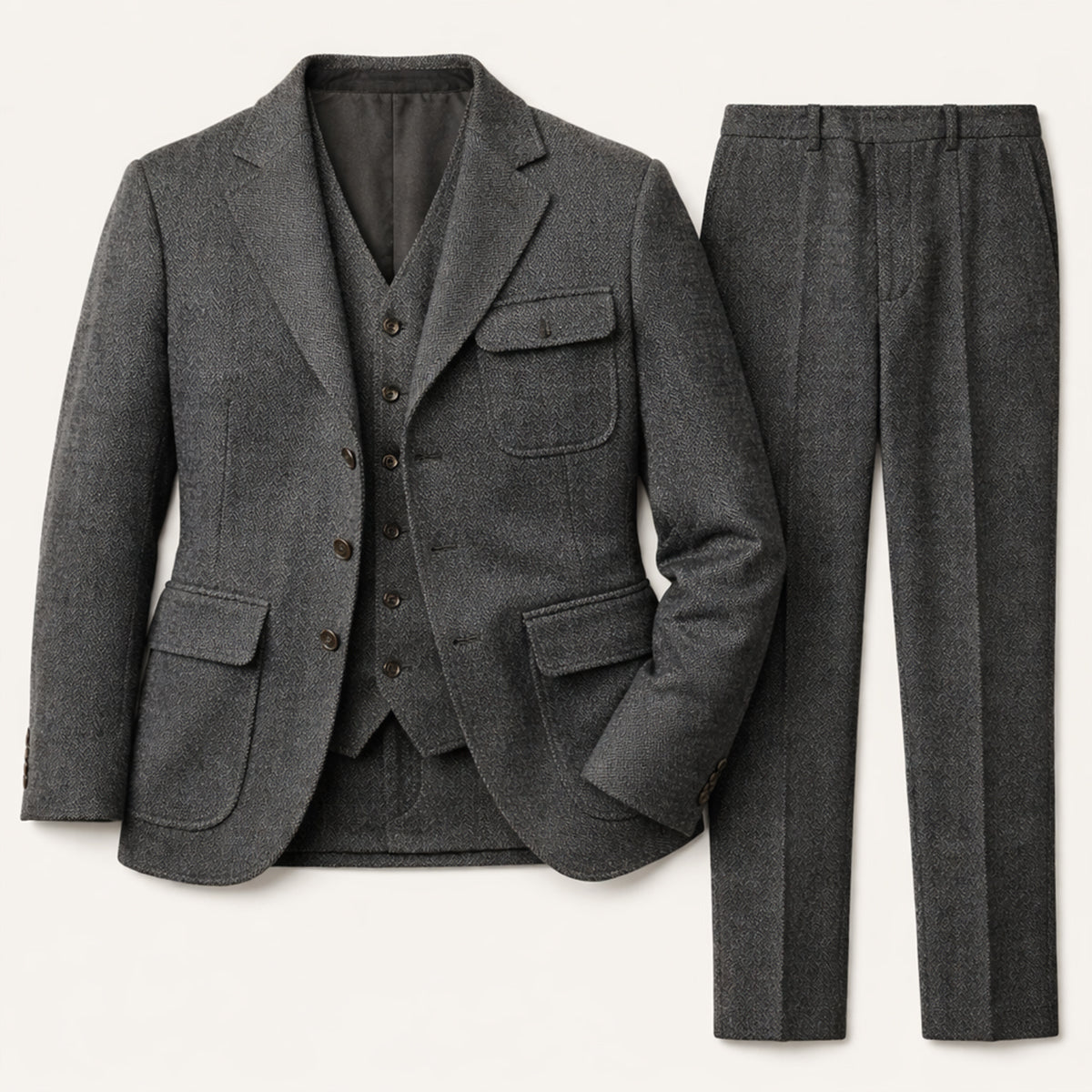 The Portofino Men’s Elegant 3 Piece Tweed Suit – Herringbone Blazer, Waistcoat & Pants