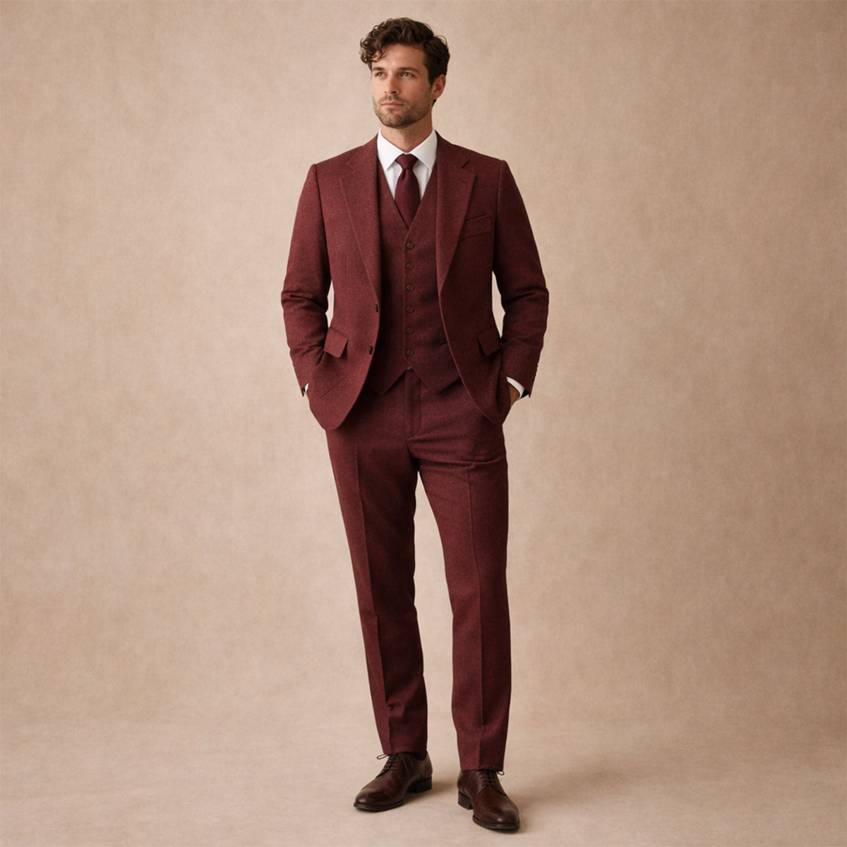 The Como Men’s Smart 3 Piece Tweed Suit – Herringbone Blazer, Waistcoat & Pants