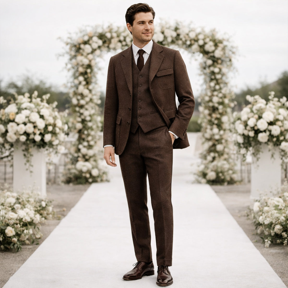 The Portofino Men’s Elegant 3 Piece Tweed Suit – Herringbone Blazer, Waistcoat & Pants