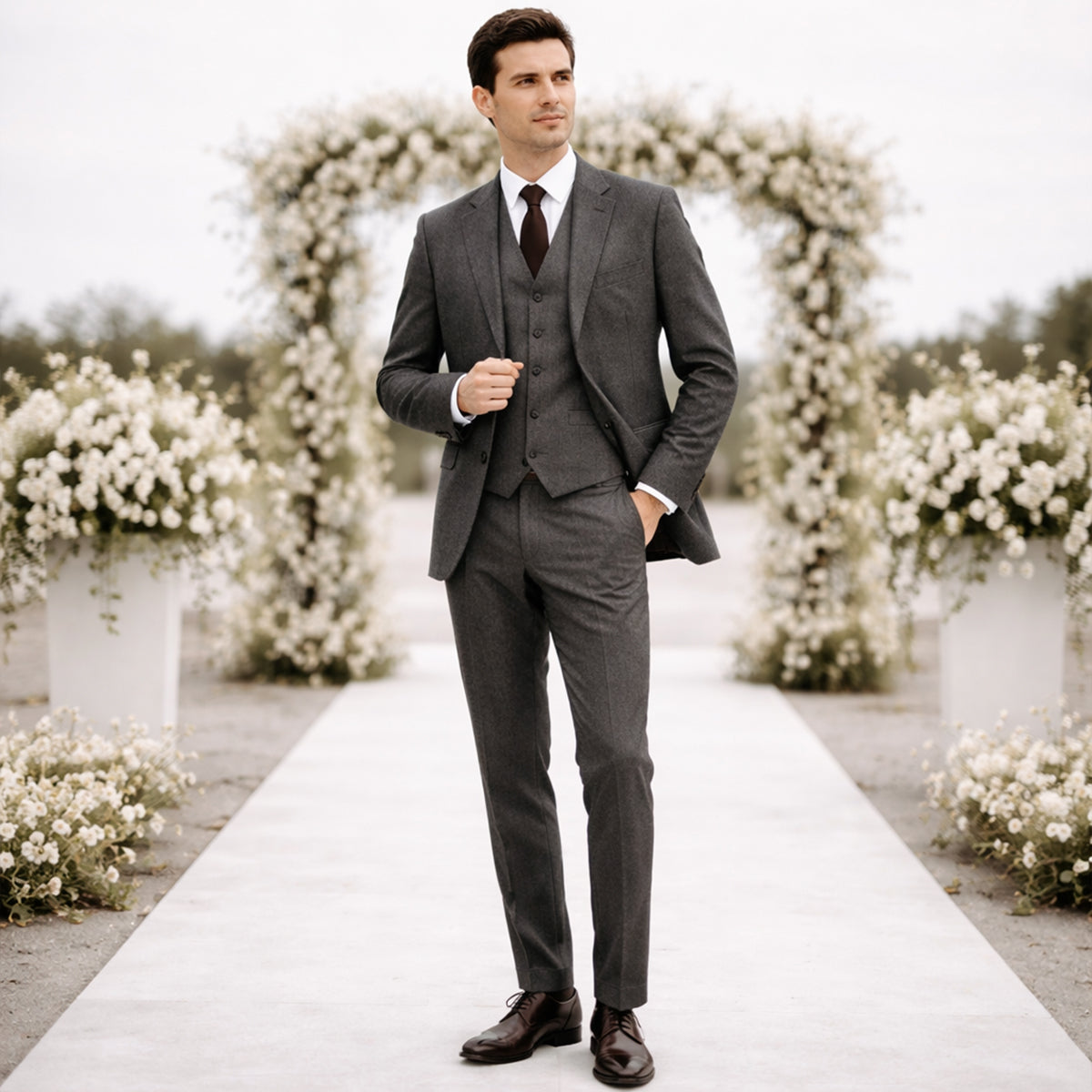 The Portofino Men’s Elegant 3 Piece Tweed Suit – Herringbone Blazer, Waistcoat & Pants